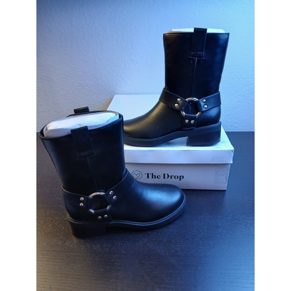 The Drop Womens Black Faux Leather Harness Biker Boots Side Zip Size 6.5 NEW